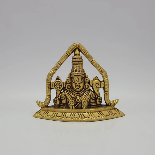 Sri Swaminathan and Co premium solid brass seated Lord Balaji Tirupati Perumal statue pointed thiruvatchi arch shankha chakra heritage antique finish 500g weight front view size guide