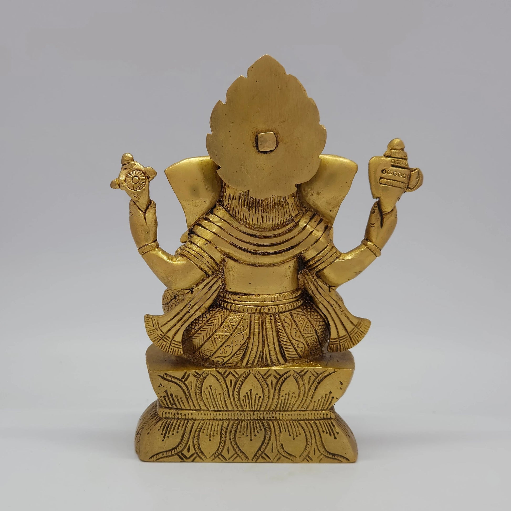Sri Swaminathan and Co brass Chaturbuja Ganapathi lotus statue antique finish 1.6kg weight back pose full rear view showing reverse of tiered crown and layered lotus base platform