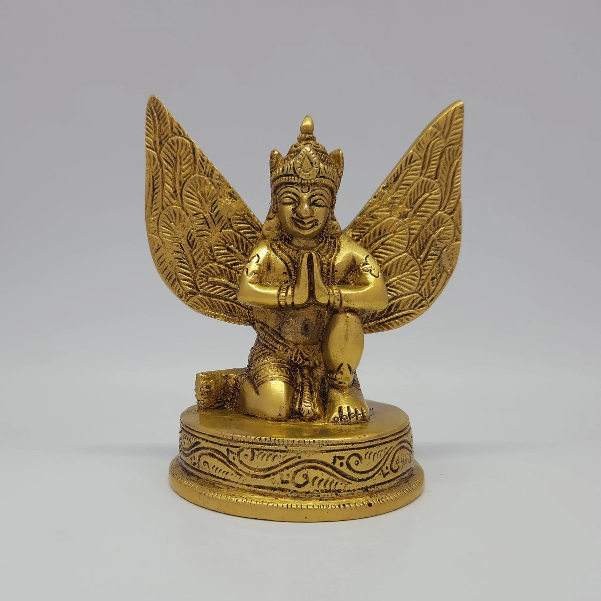Sri Swaminathan and Co premium solid brass kneeling Lord Garuda Alwar statue fanned wings hands folded heritage antique finish 1kg weight 12cm height front straight profile view
