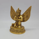 Sri Swaminathan and Co brass Garuda Alwar statue antique finish 1kg weight 45 degree left pose corner view highlighting chiseled feather textures and tiered kireetam crown profile