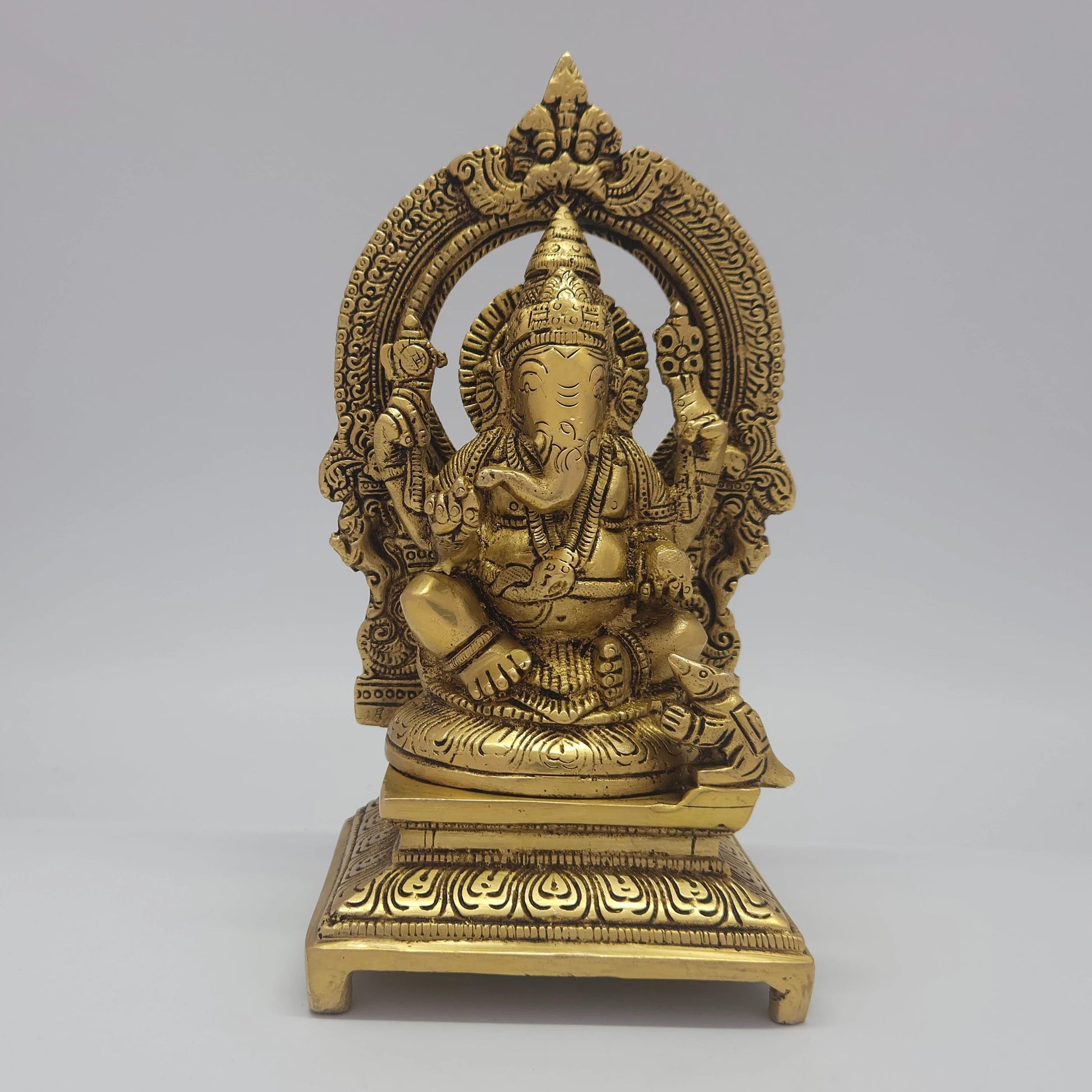 Sri Swaminathan and Co premium solid brass seated Lord Heramba Ganesha statue with prabhavali arch halo heritage antique finish 1.450kg weight 18cm height front straight view