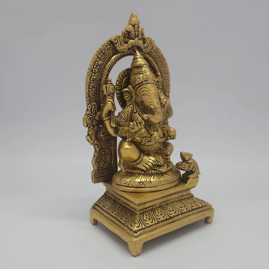 Sri Swaminathan and Co brass Ganesha with prabhavali statue antique finish 1.450kg weight 45 degree right pose corner view focusing on traditional elephant goad tool and mouse details