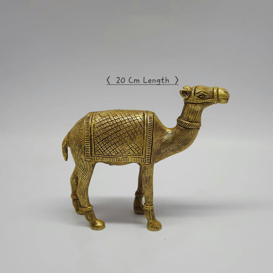 Sri Swaminathan and Co premium solid brass standing royal camel statue heritage antique finish 1.4kg weight 20cm length front straight profile view size guide