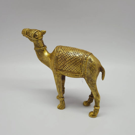 Sri Swaminathan and Co brass standing camel showpiece antique finish 20cm length 45 degree left pose corner view highlighting chiseled fur textures and curved neck lines