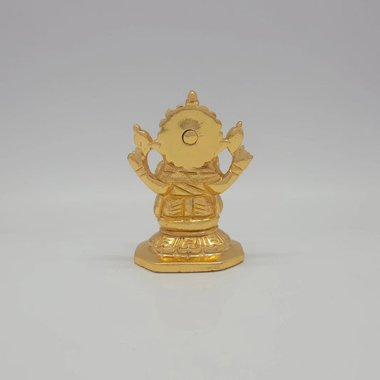 Sri Swaminathan and Co brass miniature Chaturbuja Ganapathi statue gold finish 300g weight back pose full rear view showing reverse of tiered halo crown and octagonal base platform