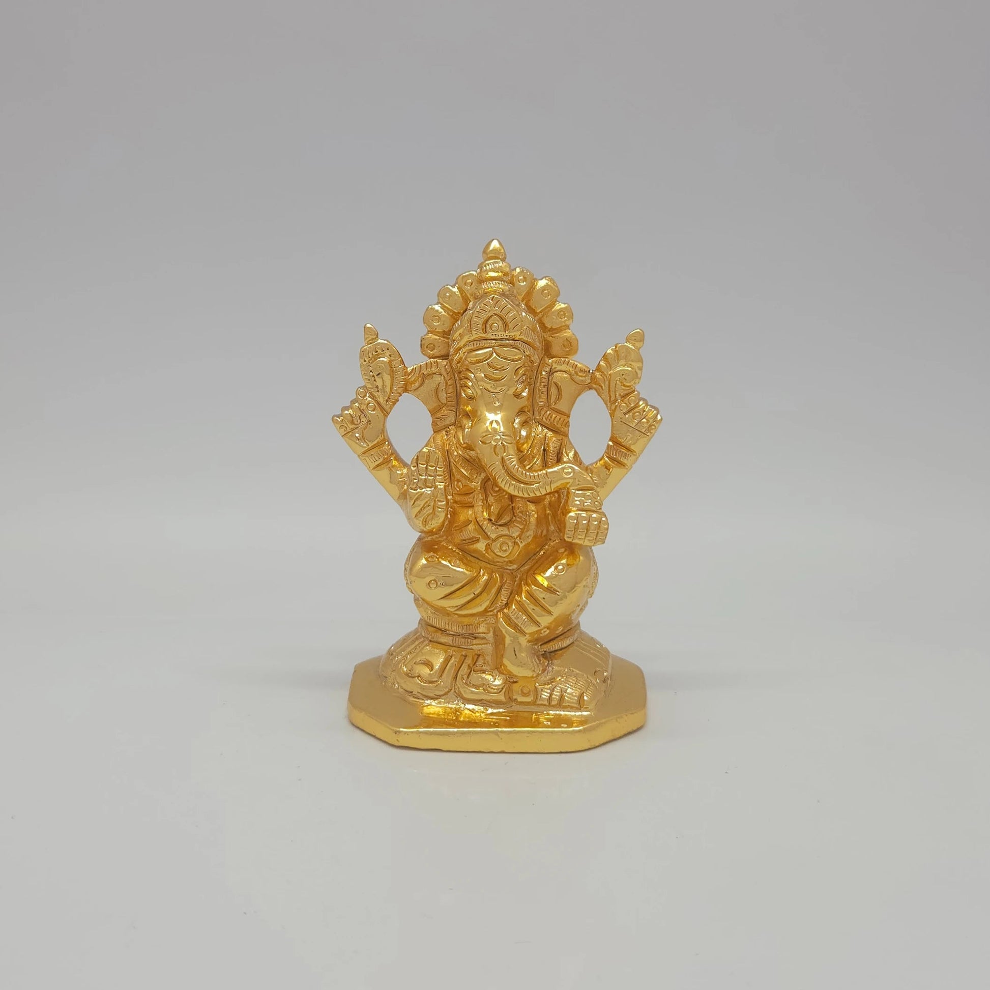 Sri Swaminathan and Co premium brass seated Lord Chaturbuja Ganapathi statue pasha ankusha octagonal base gold finish 300g weight 8cm height front view size guide