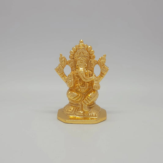Sri Swaminathan and Co premium brass seated Lord Chaturbuja Ganapathi statue pasha ankusha octagonal base gold finish 300g weight 8cm height front view size guide