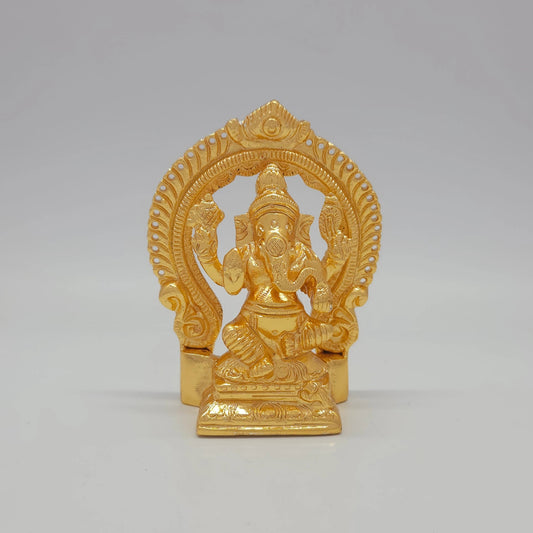 Sri Swaminathan and Co premium brass seated Lord Chaturbuja Ganapathi statue pasha ankusha thiruvatchi arch rectangular base gold finish 250g weight front view size guide