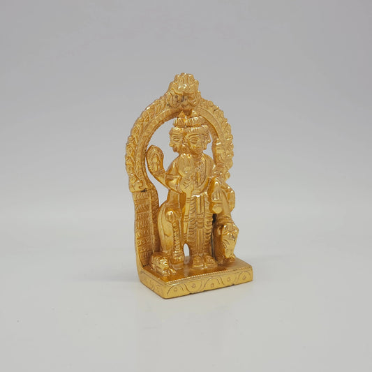 Sri Swaminathan and Co brass Dattatreya statue gold finish 450g weight 45 degree right pose corner view focusing on the trident attribute tool and right head profile detail