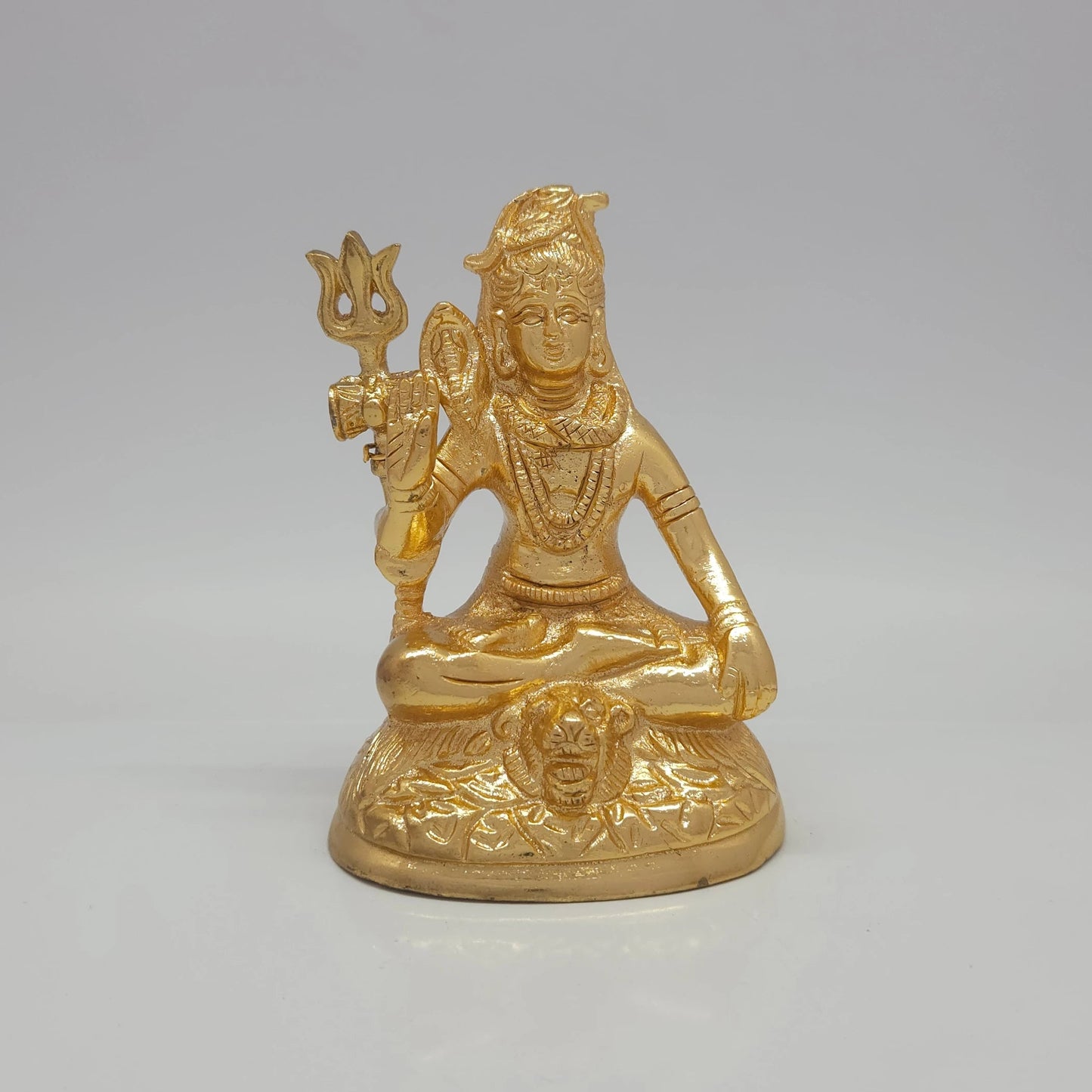 Sri Swaminathan and Co premium brass seated Lord Dhyana Shiva meditation statue on tiger skin base with trishula trident gold finish 550g weight front view size guide