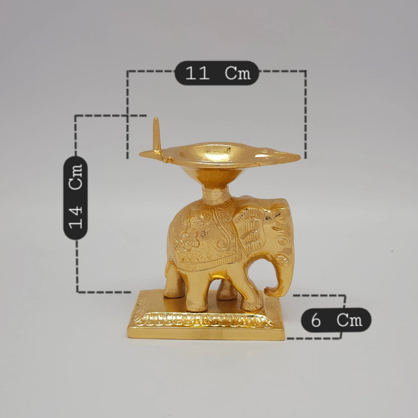 Sri Swaminathan and Co premium brass royal elephant diya stand single wick lamp gold powder coated finish 6 inch 14cm height front straight profile view size guide