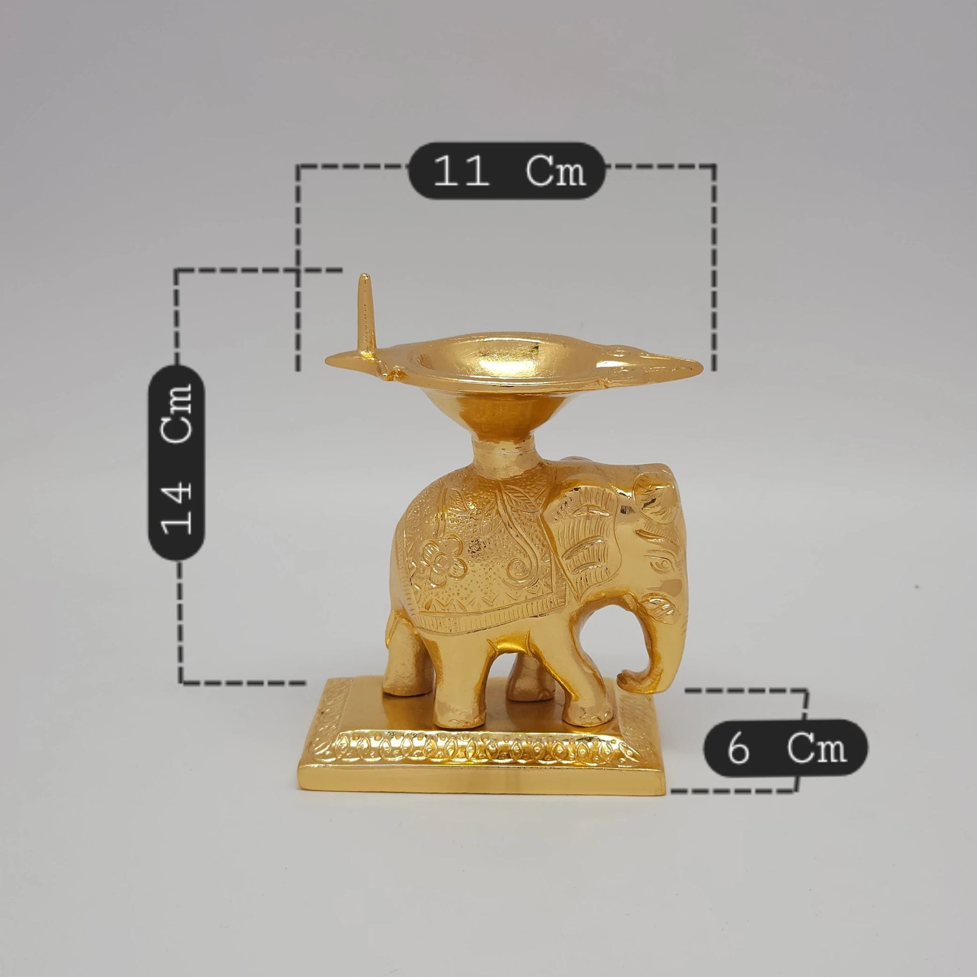 Sri Swaminathan and Co premium brass royal elephant diya stand single wick lamp gold powder coated finish 6 inch 14cm height front straight profile view size guide