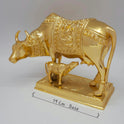 Sri Swaminathan and Co brass grand Kamadhenu cow statue 4.5kg 45 degree pose corner view focusing on the deep etched Goddess Lakshmi back blanket and calf stance