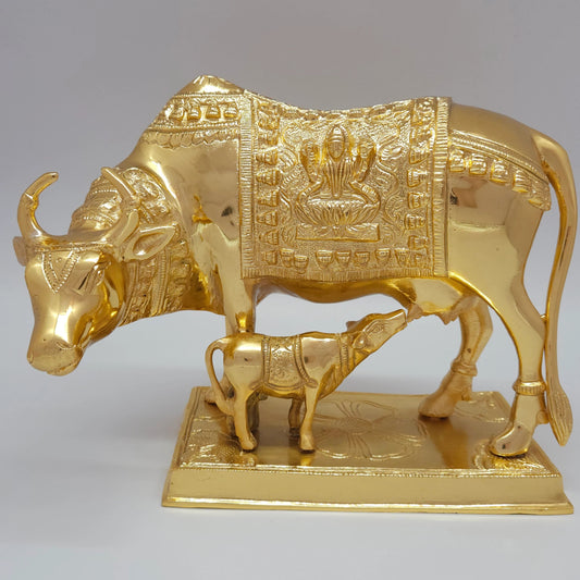 Sri Swaminathan and Co premium brass grand Kamadhenu cow and calf statue embossed Lakshmi blanket gold powder coated finish 4.5kg weight 26cm length front straight profile view