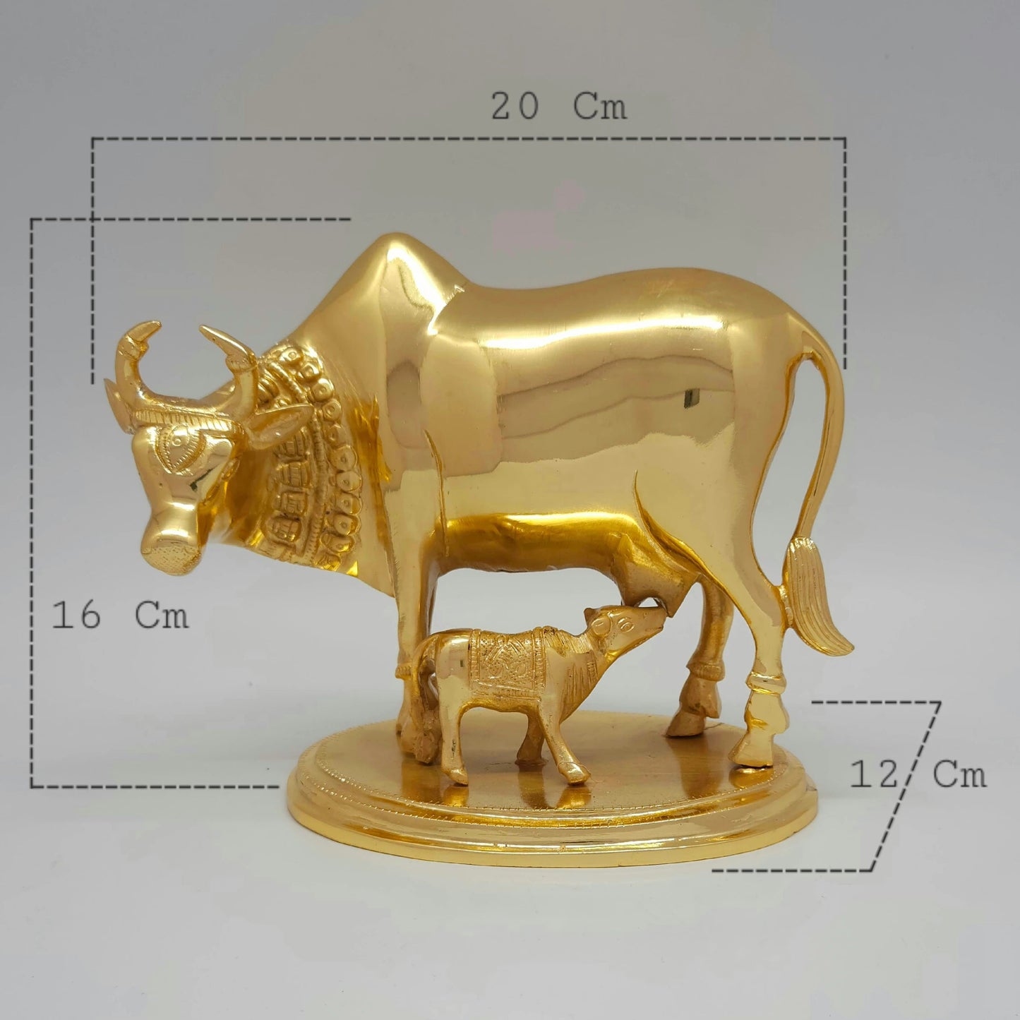 Sri Swaminathan and Co premium pure brass Kamadhenu sacred cow and calf statue 2.25kg weight smooth polished finish 16cm height front straight view