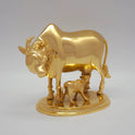 Sri Swaminathan and Co pure brass heavy Kamadhenu cow statue 2.25kg 45 degree left pose corner view highlighting the chiseled neck bell collar detail