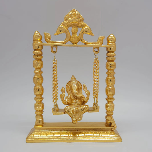 Sri Swaminathan and Co premium brass Jhula Ganesha Oonjal Vinayagar swing statue gold powder coated finish 2.15kg weight 25cm height front straight profile view