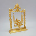 Sri Swaminathan and Co brass Jhula Ganesha swing statue gold finish 25cm height 45 degree right pose corner view focusing on the elephant head crown profile and base platform depth