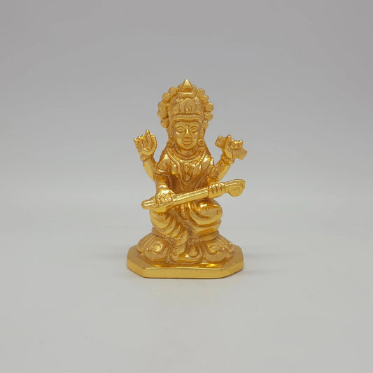Sri Swaminathan and Co premium brass seated Goddess Kalaimagal Saraswathi statue veena octagonal base gold finish 300g weight 8cm height front view size guide