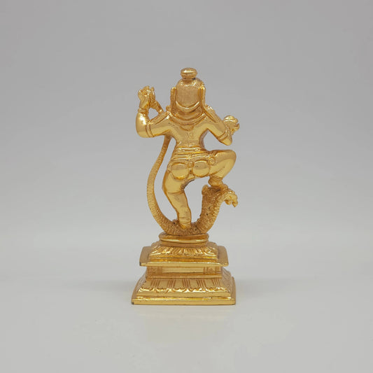Sri Swaminathan and Co brass Kaliya Nartana Krishna statue gold finish 300g weight back pose full rear view showing reverse of serpent tail curve and square pedestal base