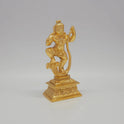 Sri Swaminathan and Co brass Kaliya Nartana Krishna statue gold finish 300g weight 45 degree right pose corner view focusing on dancing leg posture over multi headed serpent hood