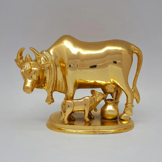 Sri Swaminathan and Co premium pure brass Kamadhenu sacred cow and calf statue Gomaatha Vatsa gold powder coated finish 16cm height front straight profile view 