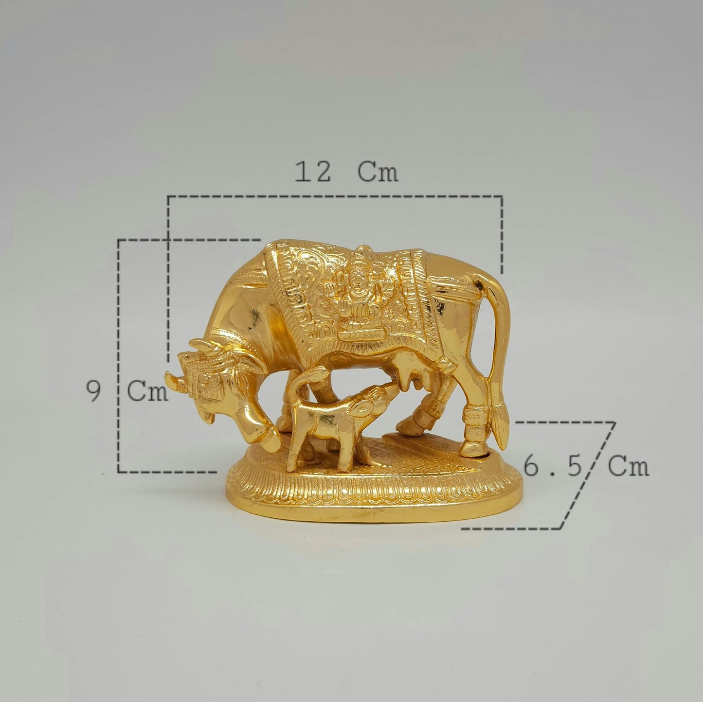 Sri Swaminathan and Co premium pure brass Kamadhenu sacred cow and calf statue Gomaatha Vatsa gold powder coated finish 9cm height front straight profile view size guide