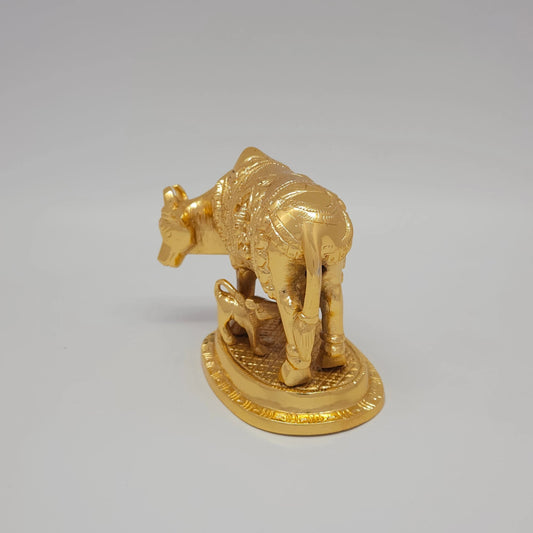 Sri Swaminathan and Co pure brass heavy Kamadhenu cow statue 1kg side posture view facing left side tracking the total 13cm length dimensions