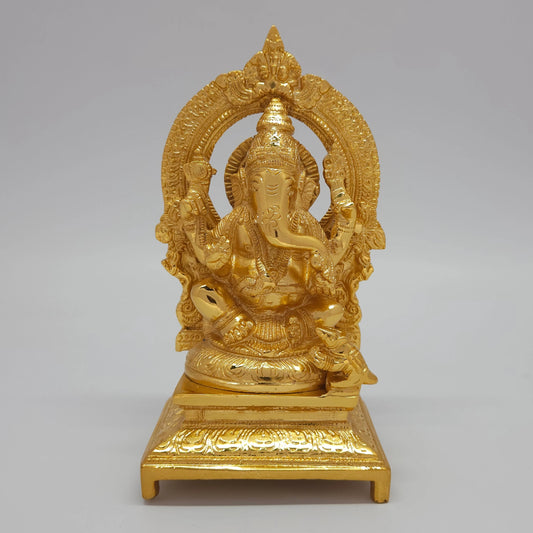 Sri Swaminathan and Co premium brass seated Lalitasana Lord Ganesha statue with temple arch gold powder coated finish 7-inch 19cm height front straight profile view size guide