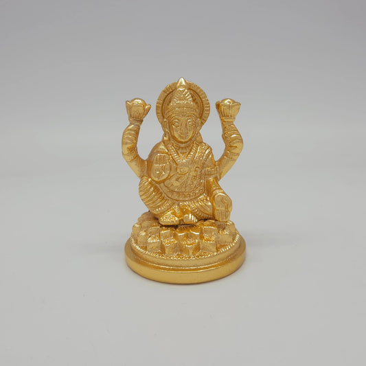 Sri Swaminathan and Co premium brass seated Goddess Lalitasana Lakshmi statue twin lotus double tiered round base glossy gold finish 230g weight front view size guide