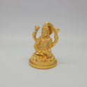 Sri Swaminathan and Co brass miniature Lalitasana Lakshmi statue gold finish 230g weight 45 degree left pose corner view highlighting the upper left lotus bud and tiered base ring depth