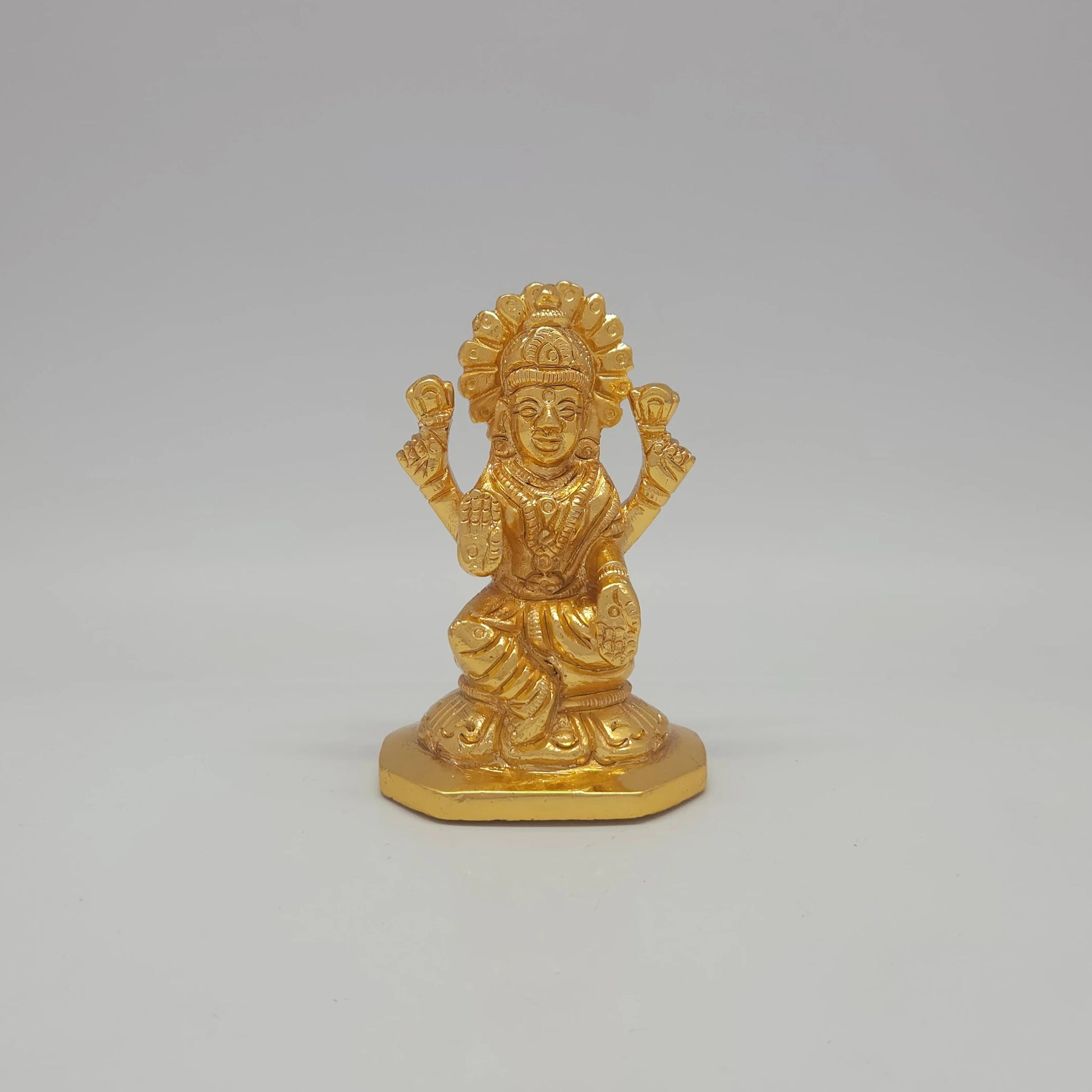 Sri Swaminathan and Co premium brass seated Goddess Mahalakshmi statue twin lotus octagonal base gold finish 275g weight 8cm height front view size guide
