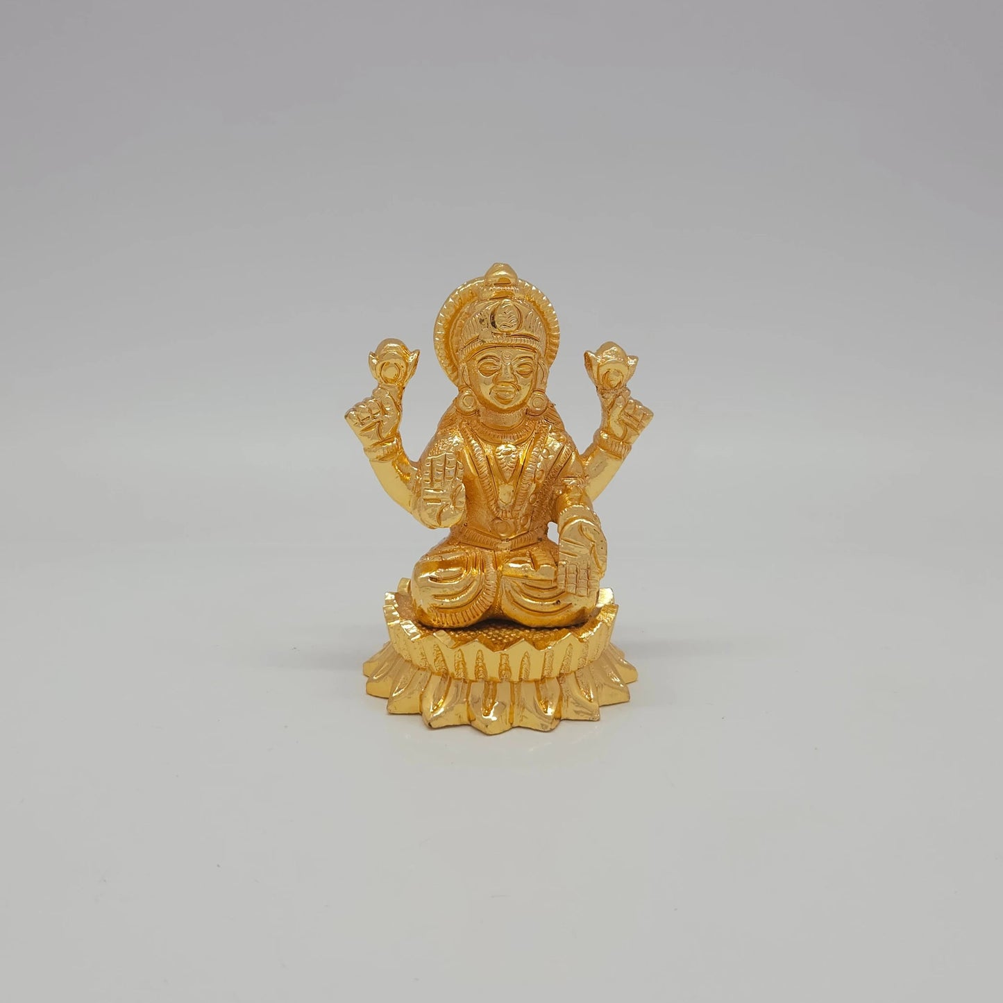 Sri Swaminathan and Co premium brass seated Goddess Mahalakshmi statue twin lotus round base glossy gold finish 200g weight front view size guide