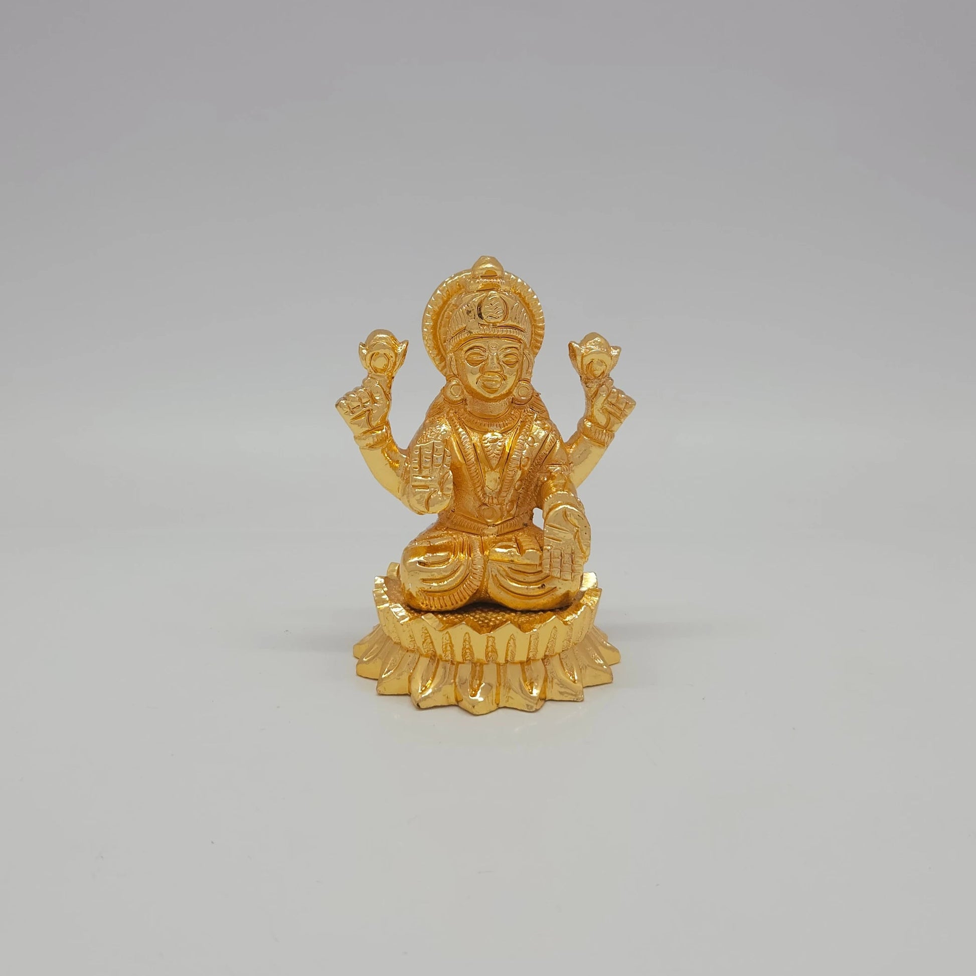 Sri Swaminathan and Co premium brass seated Goddess Mahalakshmi statue twin lotus round base glossy gold finish 200g weight front view size guide