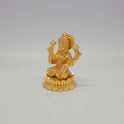 Sri Swaminathan and Co brass miniature Mahalakshmi statue gold finish 200g weight 45 degree left pose corner view highlighting the upper left lotus bud and round base depth