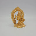 Sri Swaminathan and Co brass miniature Mahalakshmi statue gold finish 250g weight 45 degree right pose corner view focusing on protective abhaya mudra hand and rectangular base depth