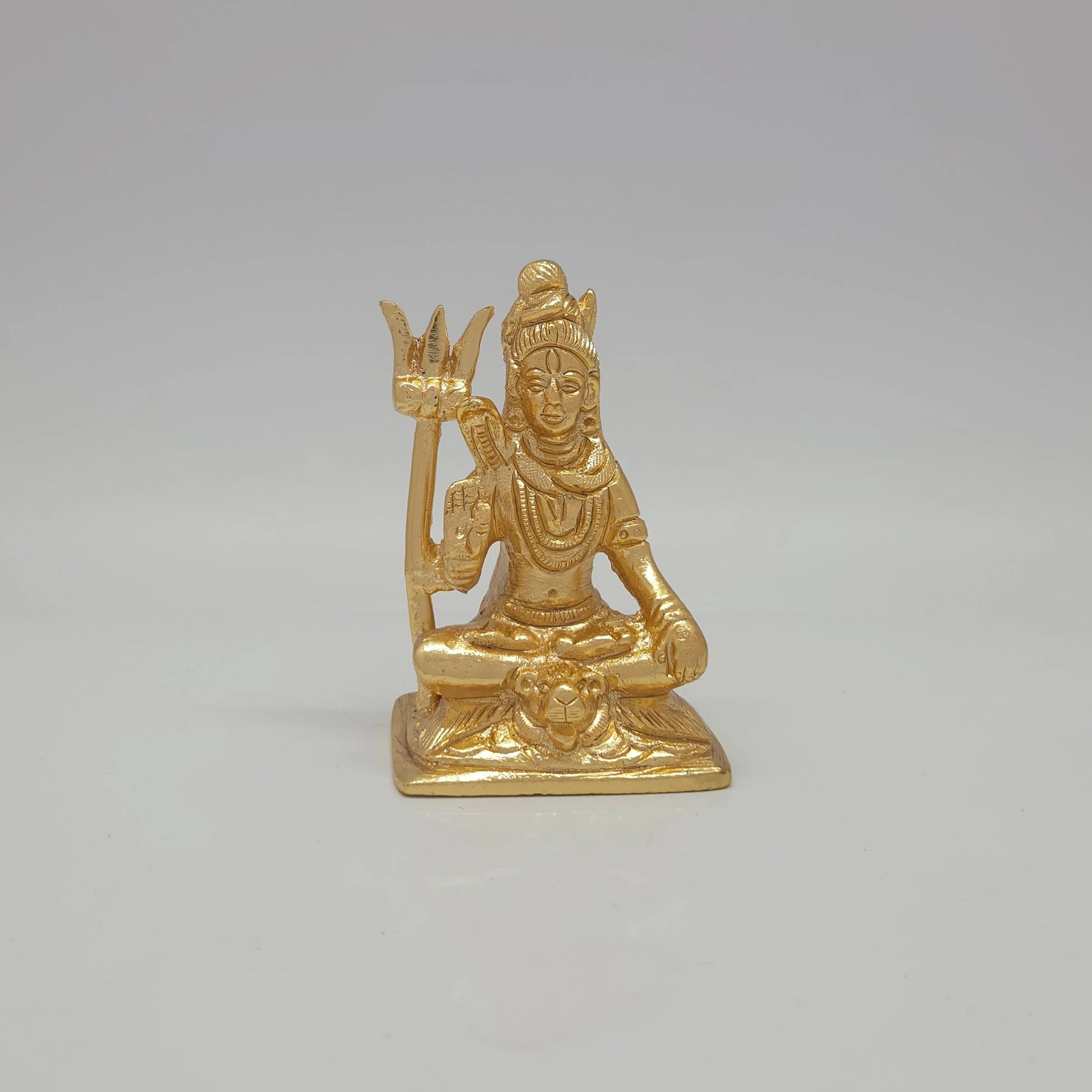 Sri Swaminathan and Co premium brass seated Lord Mahayogi Shiva meditation statue trishula gold finish 170g weight 7cm height front straight profile view size guide