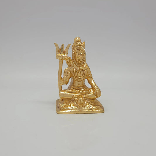 Sri Swaminathan and Co premium brass seated Lord Mahayogi Shiva meditation statue trishula gold finish 170g weight 7cm height front straight profile view size guide