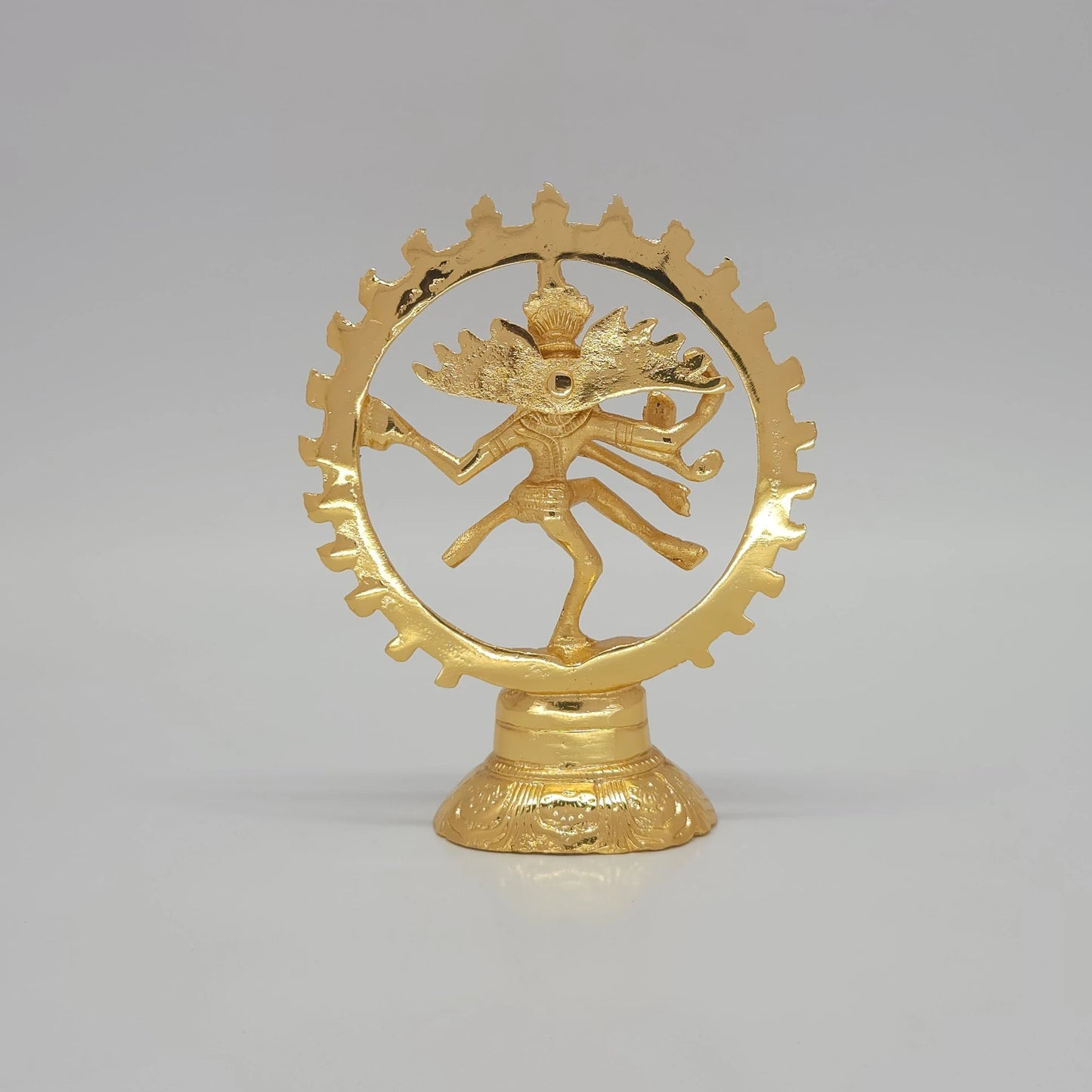 Sri Swaminathan and Co brass Lord Nataraja statue gold finish 14cm height back pose rear view showing reverse profile of the circular thiruvasi halo and jatas