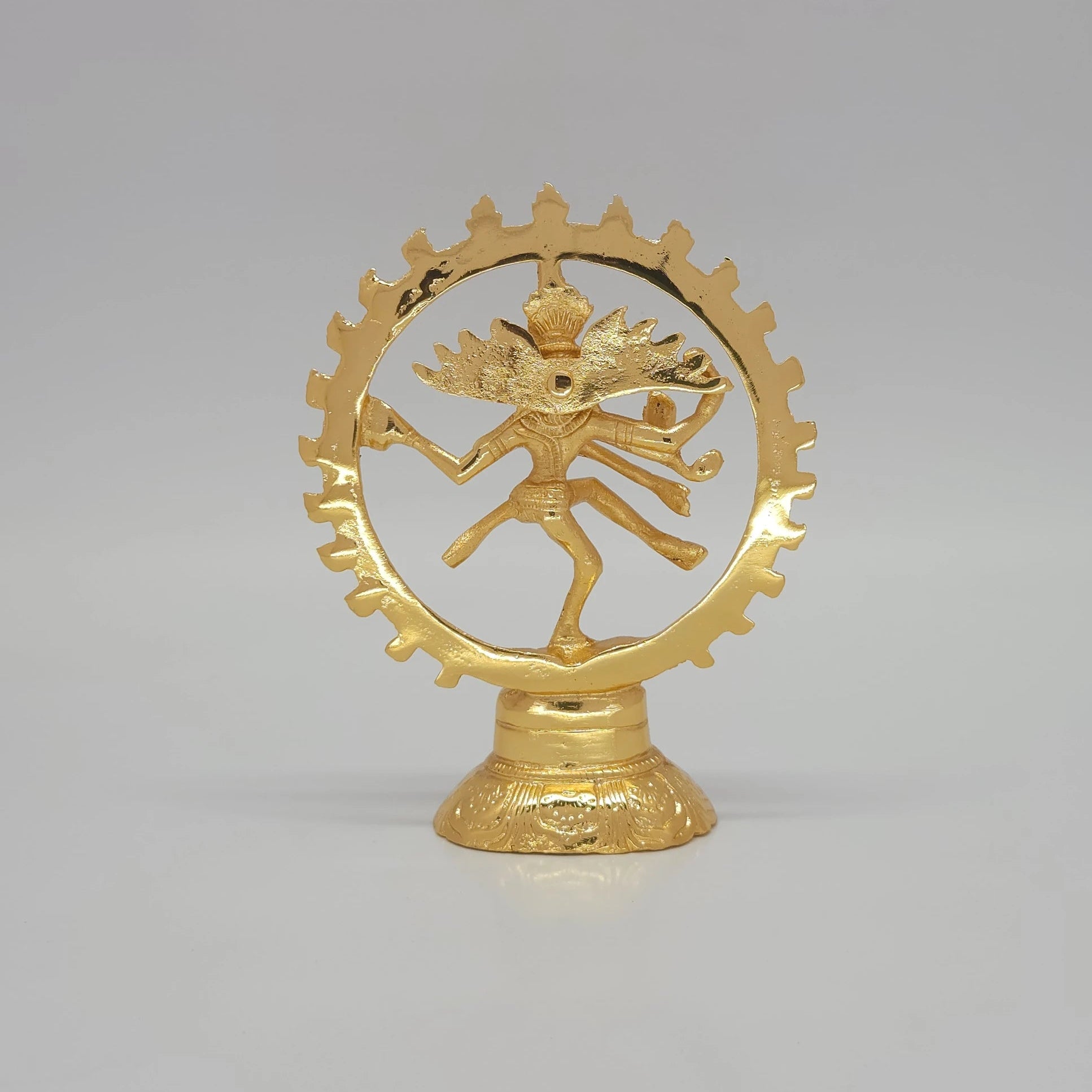Sri Swaminathan and Co brass Lord Nataraja statue gold finish 14cm height back pose rear view showing reverse profile of the circular thiruvasi halo and jatas