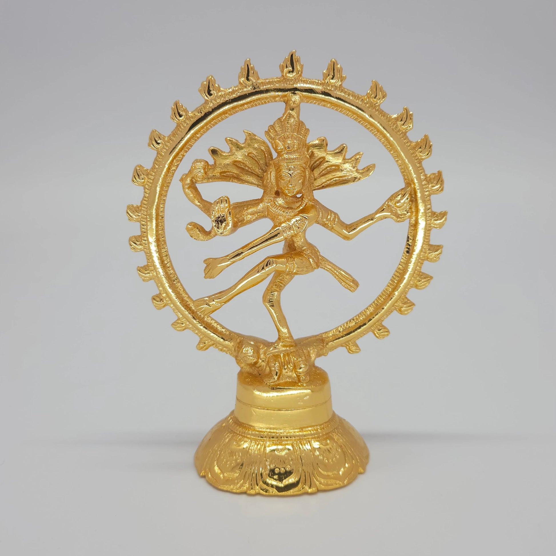 Sri Swaminathan and Co premium brass Lord Nataraja cosmic dance statue glossy gold finish 14cm height 11cm length 300gm weight front straight profile view 