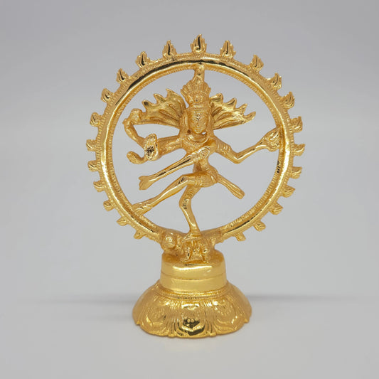 Sri Swaminathan and Co premium brass Lord Nataraja cosmic dance statue glossy gold finish 14cm height 11cm length 300gm weight front straight profile view 