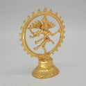 Sri Swaminathan and Co brass Lord Nataraja statue gold finish 14cm height 45 degree left pose corner view highlighting damaru drum and abhaya mudra palm