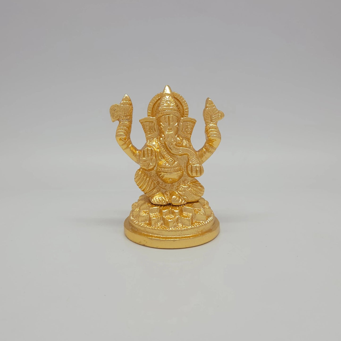 Sri Swaminathan and Co premium brass seated Petal Series Ganesha statue circular petal base gold finish 250g weight front straight view size guide