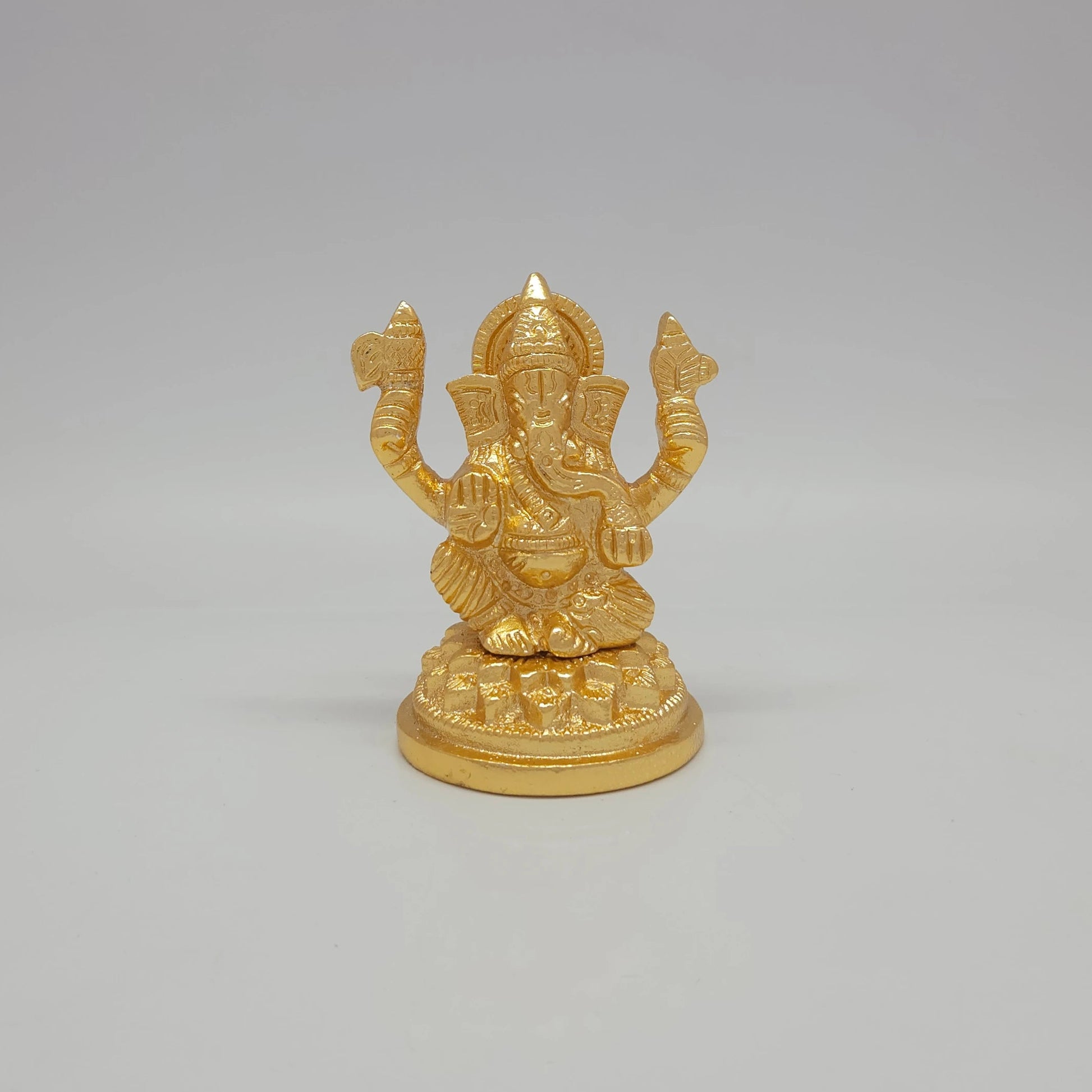 Sri Swaminathan and Co premium brass seated Petal Series Ganesha statue circular petal base gold finish 250g weight front straight view size guide