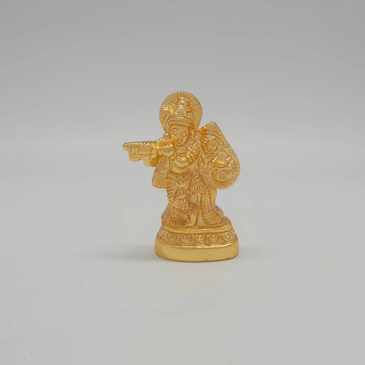 Sri Swaminathan and Co premium brass Radha Krishna miniature statue playing flute gold finish 80g weight 5.5cm height front straight profile view size guide