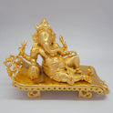 Sri Swaminathan and Co premium brass reclining Lord Ganesha statue on royal couch gold powder coated finish 11 inch 27cm length front straight profile view