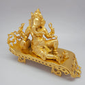 Sri Swaminathan and Co brass reclining Ganesha statue gold powder coated 11 inch 27cm length 45 degree left pose corner view highlighting the bolster cushion and pasha weapon