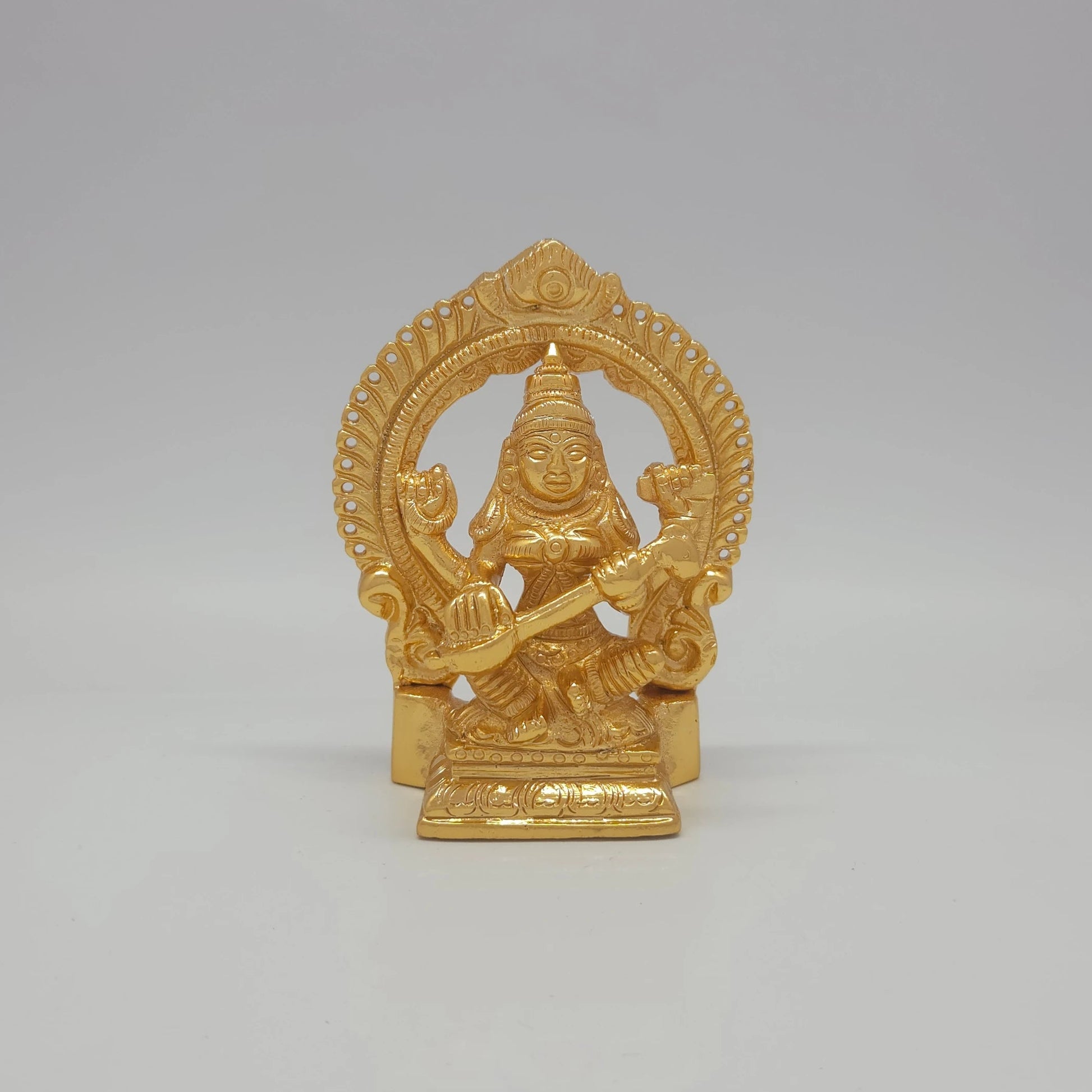 Sri Swaminathan and Co premium brass seated Goddess Sharada Saraswathi statue veena thiruvatchi arch rectangular base gold finish 250g weight front view size guide