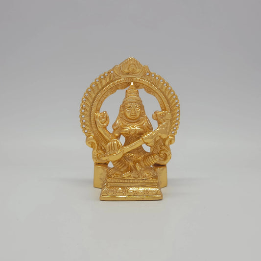 Sri Swaminathan and Co premium brass seated Goddess Sharada Saraswathi statue veena thiruvatchi arch rectangular base gold finish 250g weight front view size guide